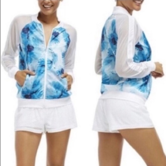 FABLETICS spring blue floral mesh sleeve zip light jacket - Picture 1 of 8